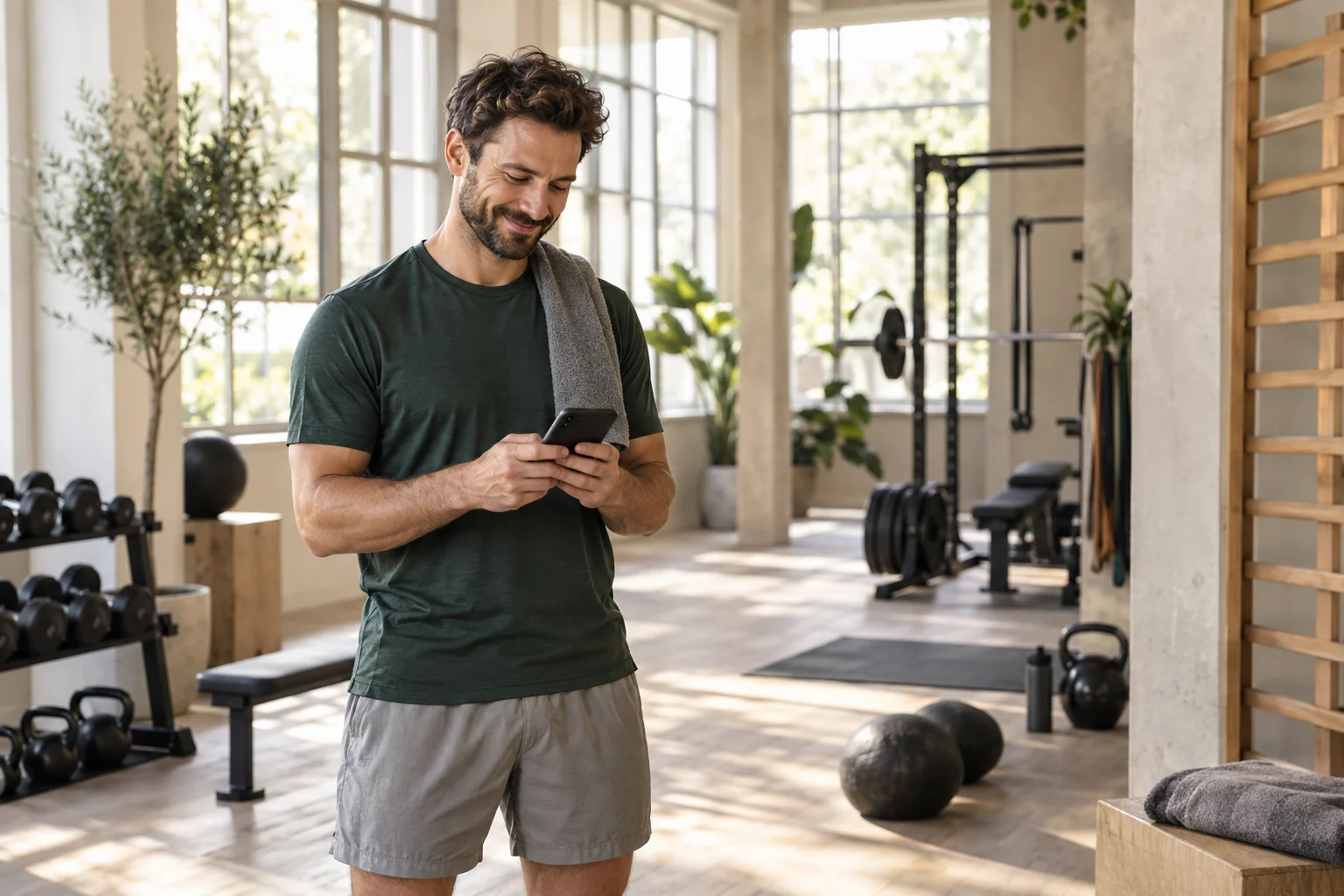 Ein Sportler hält nach dem Training zufrieden seine Ergebnisse auf dem Smartphone fest.