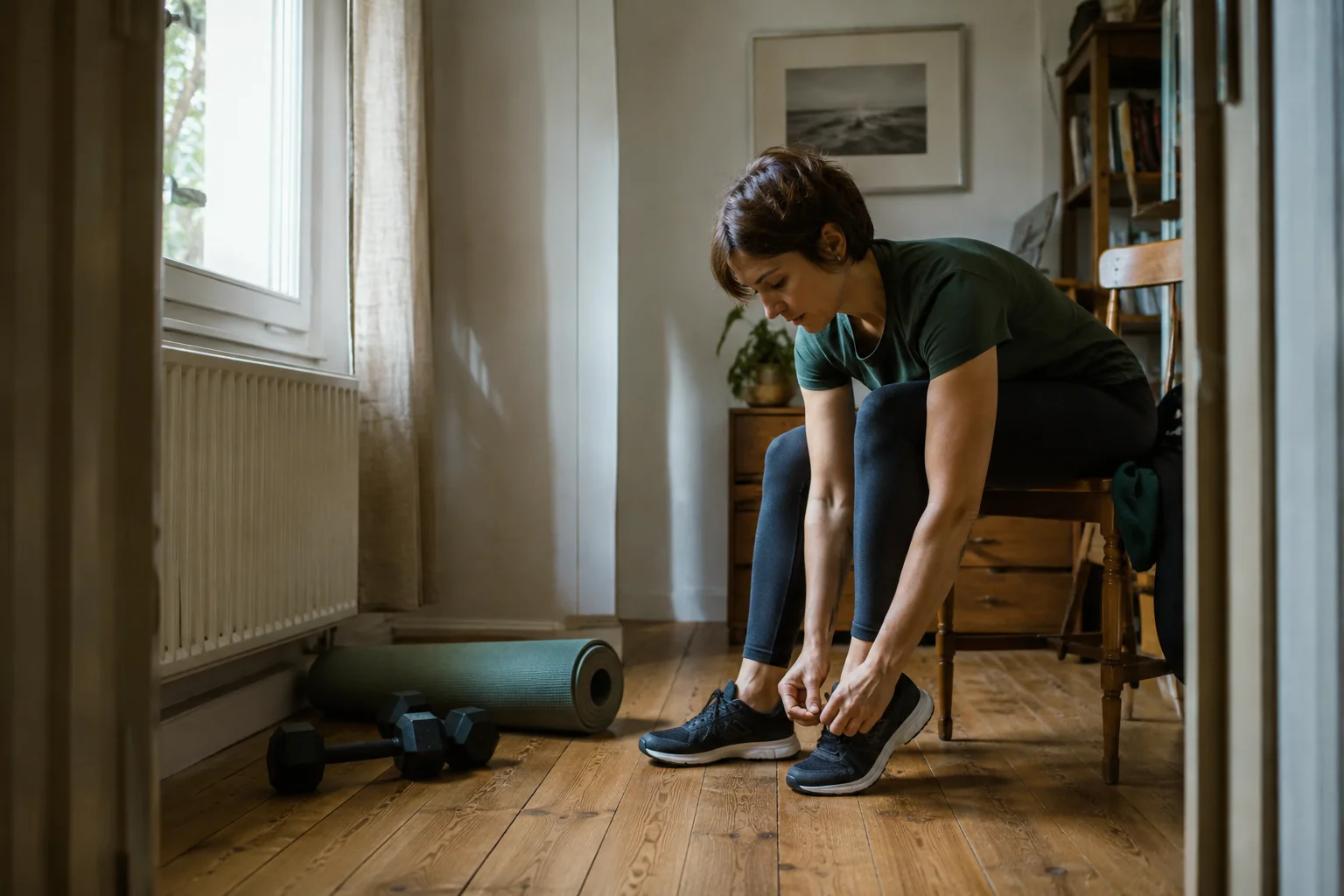 Eine Frau bindet vor dem Training ihre Sportschuhe